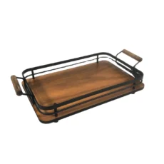 سینی سالوت مدل مستطیل سایز کوچک 20 در 30 چوب و فلز با دسته چوبی